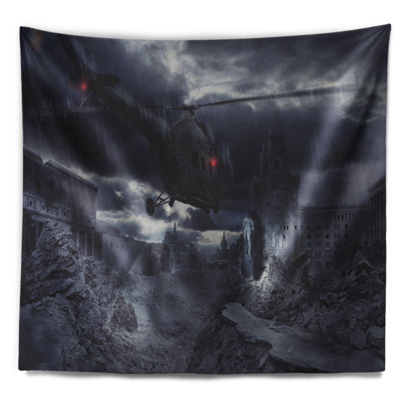Hélicoptère de photographie au-dessus de la tempête ruined city tapestry, H 32 po x l 39 po