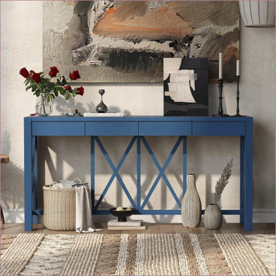 60'' Acacia Veneer Coffee Table - Modern Farmhouse 4-Drawer Storage with Open Base for Living Room