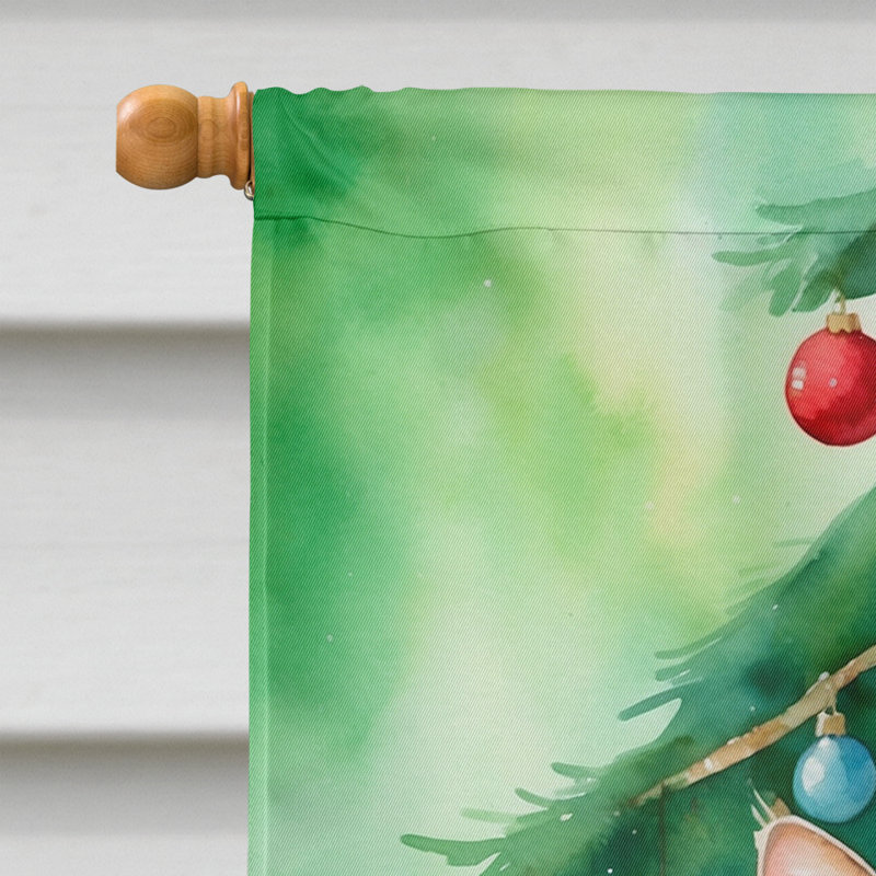 Chat avec le drapeau de la cabane dans l'arbre de Noël, Kurilian Bobtail
