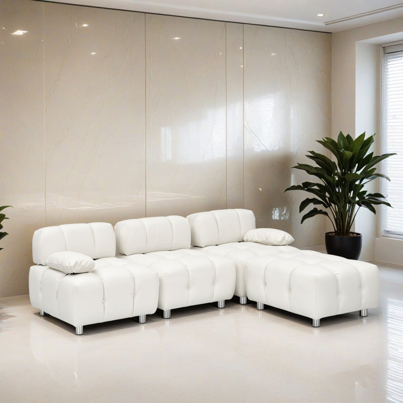 Canapé-lit modulaire 4 pièces pour salon, Mélange de polyester blanc