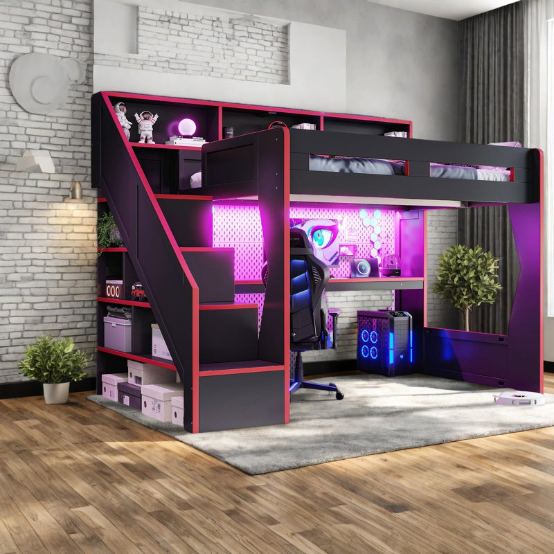 Lit mezzanine de rangement pour jeux vidéo, entièrement en bois MDF, moderne et peu encombrant pour la maison, Black
