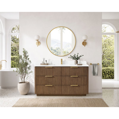 Zanica 60" Single Sink Bath Vanity in Oak Light Walnut with White Grain Composite Stone Top