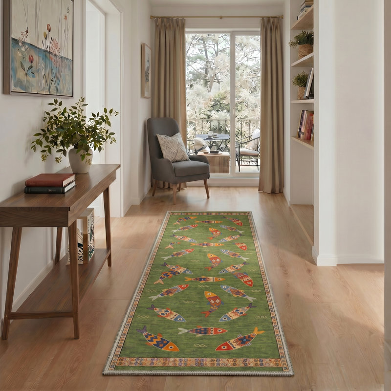 Tapis d'intérieur multicolore fantaisiste à motif géométrique de poissons multicolores, Tapis de couloir de 2 pi x 7 pi