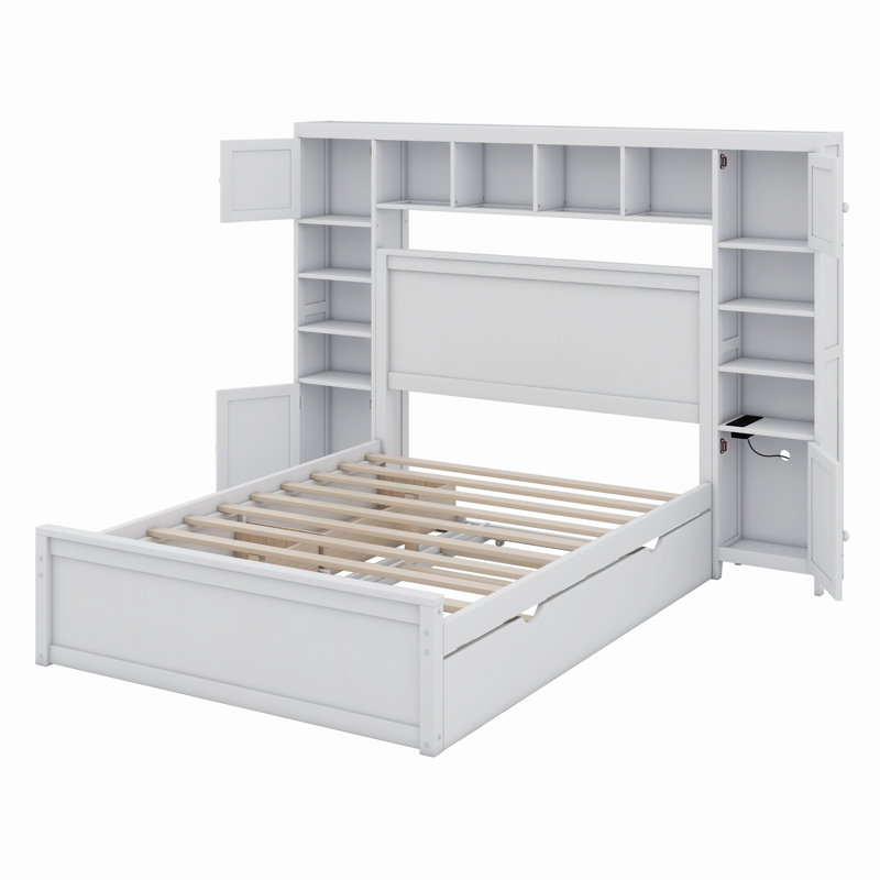Wooden Bed With All-In-One Cabinet, Shelf And Sockets, White