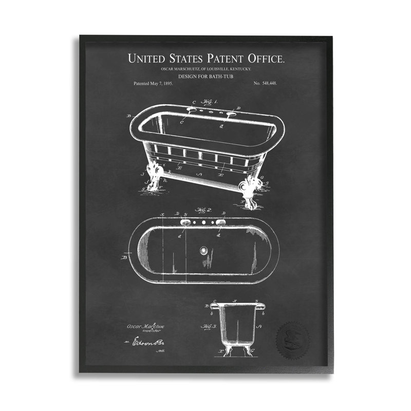 Schéma de brevet de baignoire de salle de bain par Karl Hronek - Impression sur toile, H 14 po x l 11 po x P 1,5 po