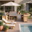 Ensemble de cuisine extérieure en cèdre naturel 7 pièces en forme de U avec évier, espace barbecue, meuble réfrigérateur, double rangement d'angle et bar