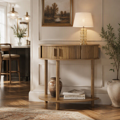 Console demi-lune rainurée, table d'appoint style ferme avec grand espace de rangement, table d'entrée moderne pour espaces étroits