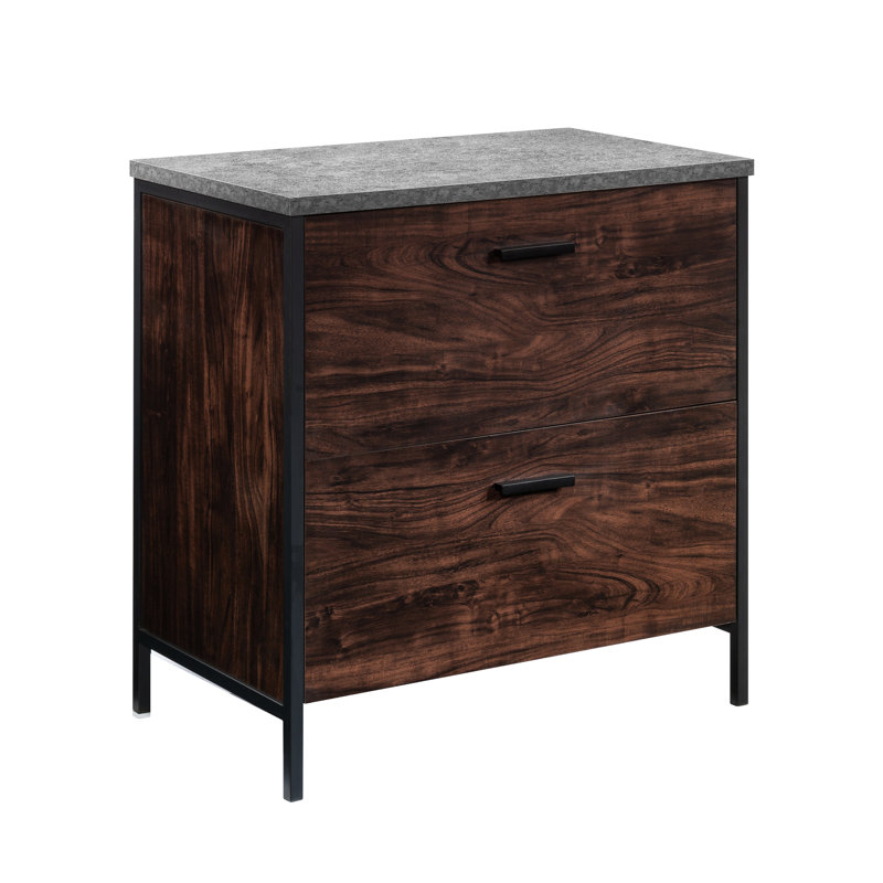 Classeur latéral en noyer foncé, glissières à pleine extension pour un accès rapide et facile aux dossiers légaux, finition brune avec éléments décoratifs gris, verrouillage pour éviter l'ouverture de plusieurs tiroirs, bureau à domicile idéal ou