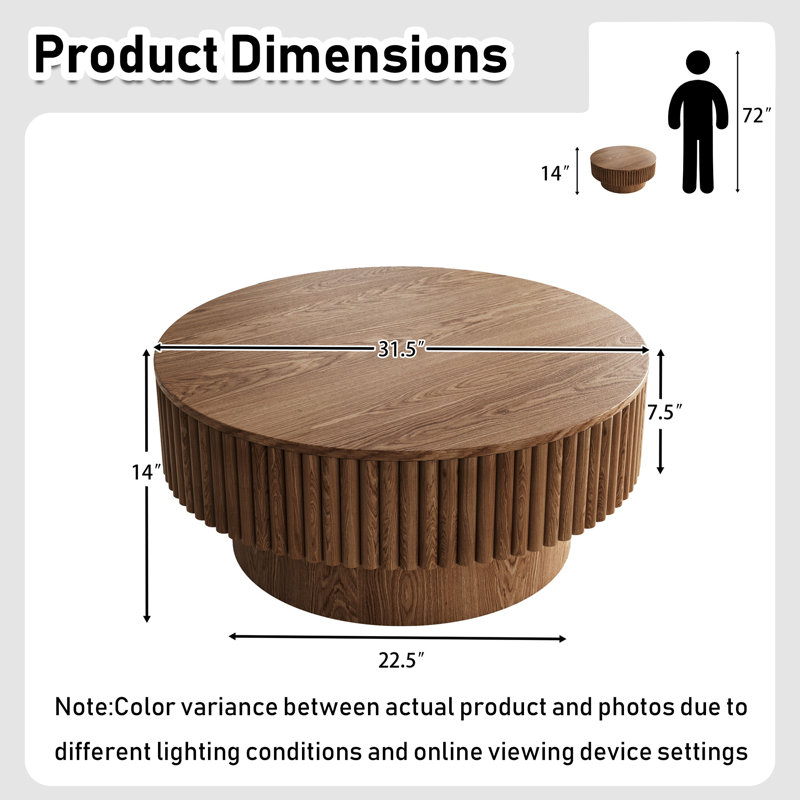 Round Drum Coffee Table with Storage, Walnut, 14" H x 31.5" W x 31.5" D