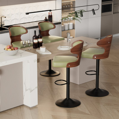 Bar Stools Set of 2 Seat Adjustable Height 62.2-85.1cm Bentwood Swivel Barstools with Back & Footrest - PU Leather Upholstered Bar Chair for Bar, Kitchen, Dining Room