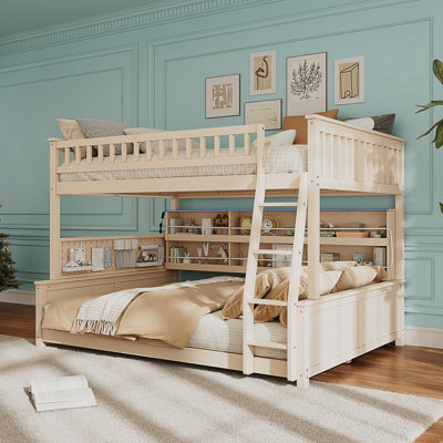Full XL Over Queen Bunk Bed With Integrated Shelving, Color-Changing Lights, And Pegboard For Custom Organization