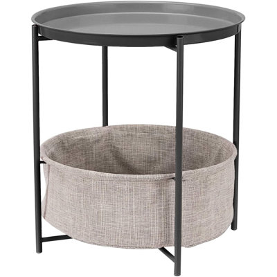 Round Storage End Table, Side Table with Cloth Basket 17.7 x 17.7 x 18.9 in