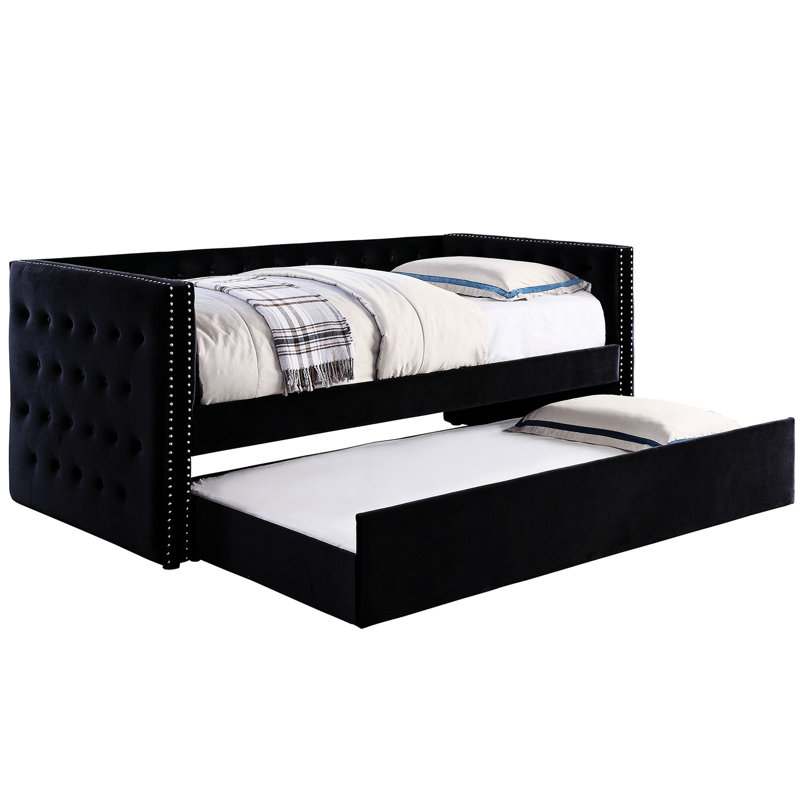 Lit de jour avec couchette, conception transitionnelle noire, revêtement en flanelle rembourrée, bouton, style, garniture cloutée, ensemble de lattes - en forme