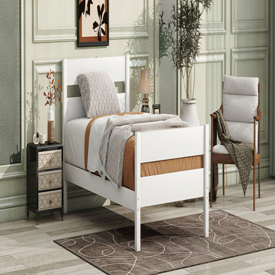 Cadre de lit simple avec tête et pied de lit, structure de lit en bois d'hévéa, finition blanche