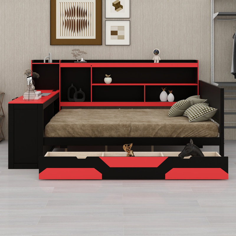 Gaming Daybed System with Desk, Lights, 3 Storage Drawers, Charging Station and Headboard Bookshelf, Full / Double, Black+Red