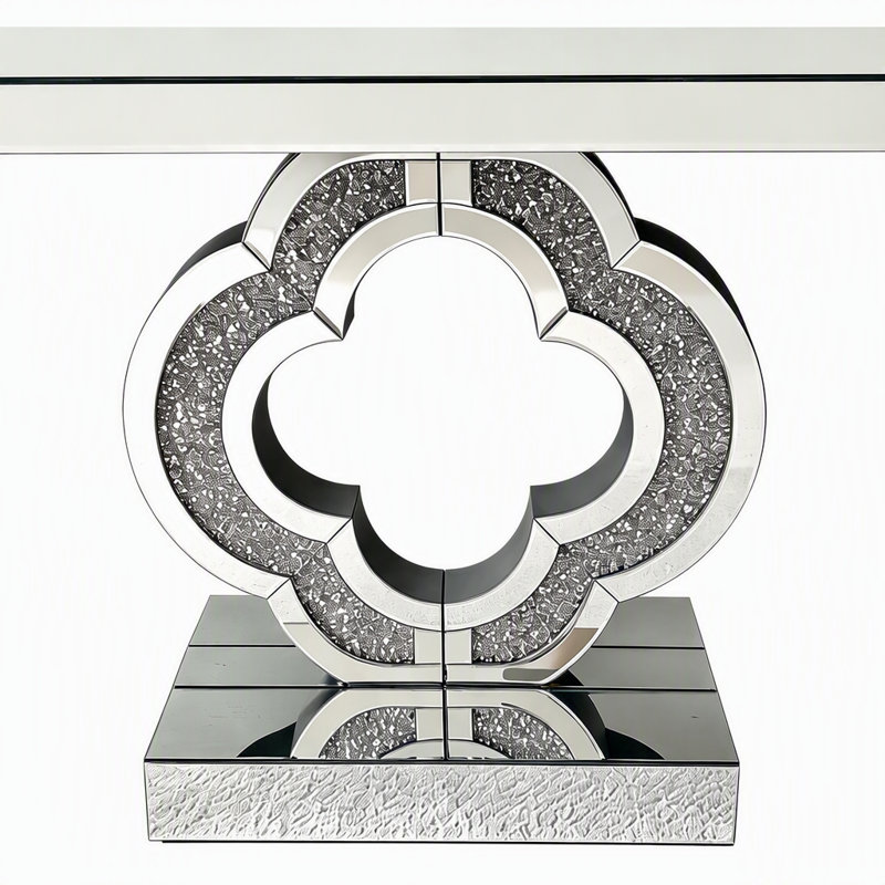 Console en miroir avec miroir de 43,3 pouces, table d'entrée en verre avec base en diamant écrasé Trèfle, table d'appoint avec canapé en argent Glam pour le vestibule du vestibule