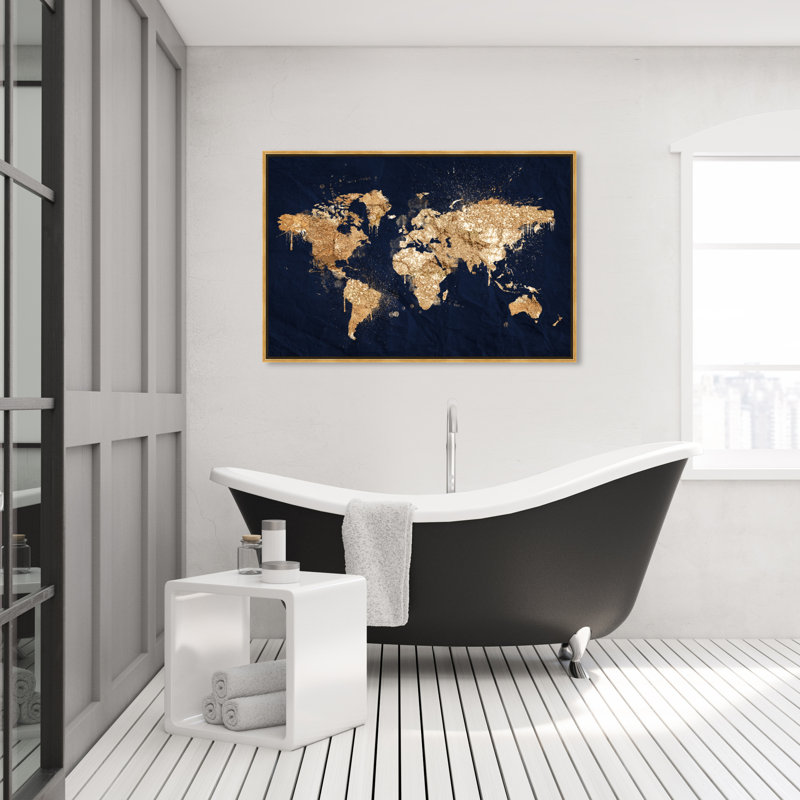 Mapamundi Metallic World Splash Modern - cadre photo, impression, Toile avec cadre doré, H 31,5 po x l 46,5 po x P 1,75 po