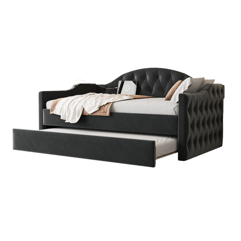 Lit de jour simple capitonné et rembourré avec couchette, canapé-lit en velours avec ports USB et ports de charge de type C, sans sommier, noir