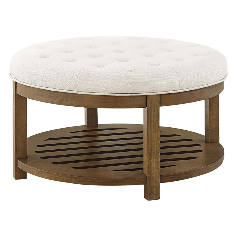 Large Round Upholstered Tufted Linen Ottoman Coffee Table with Wood Shelf Storage Large Footrest Ivory for Living Room, Ivory