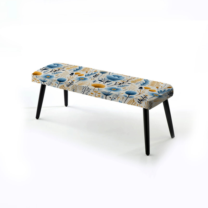 Banc noir rembourré Botanical, Blue And Yellow Farmhouse Pattern