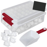 Stackable Ice Cube Tray And Bucket Set, Includes 2 Trays With Lid And Scooper, Easy Release, Makes 56 Cubes For Cocktail Soda Coffee, Leak Proof Freezer Bin Kit, Kitchen Gadget, Red