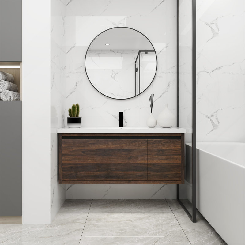 Armoire de salle de bain 48 po avec lavabo, portes et tiroir à fermeture en douceur, montage flottant, 48 po x 18 po