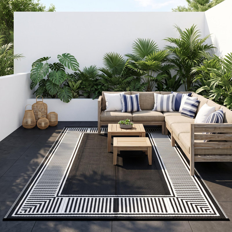 Tapis de paille géométriques imperméables réversibles en plastique pour véranda, Black, Rectangle 9' x 12'