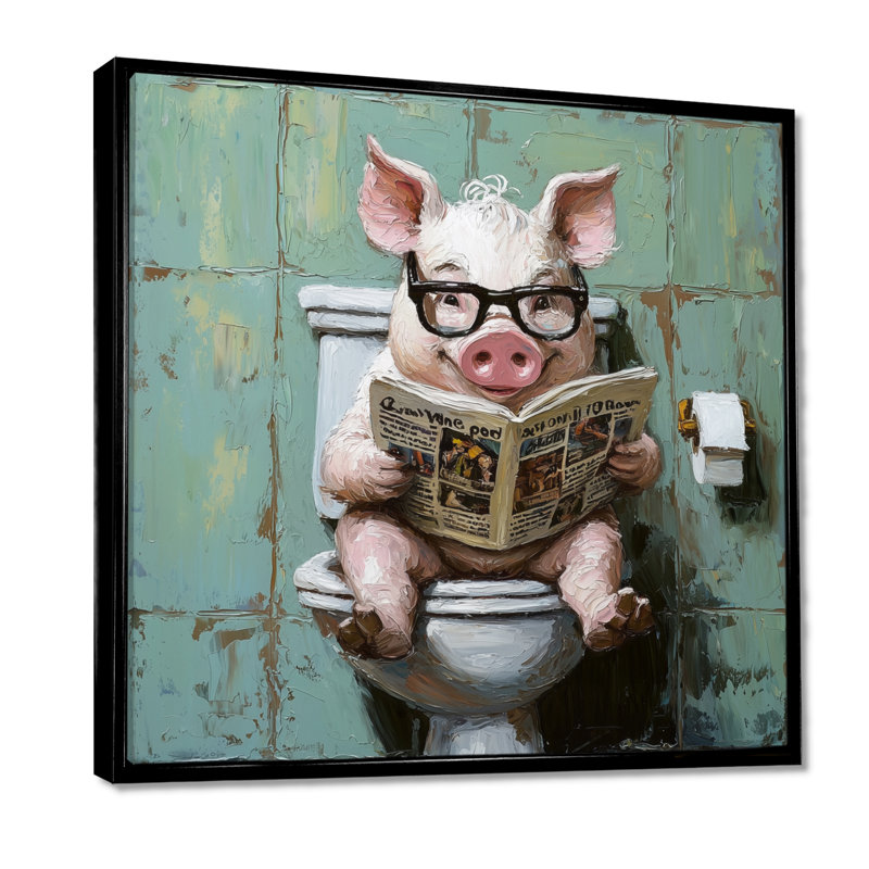 Keiaira, cochon de toilette lisant le journal III - cochon, art mural, H 16 po x l 16 po, Impression encadrée flottante