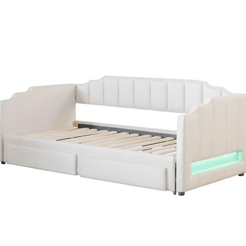 Beige Twin Xl To King Upholstered Daybed, Led , Storage Drawers, Trundle For Extra Space Daybed That Extends King, Upholstered, - Saving Design