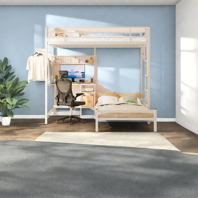Lits superposés en métal peu encombrants avec bureau, design blanc moderne pour les adolescents