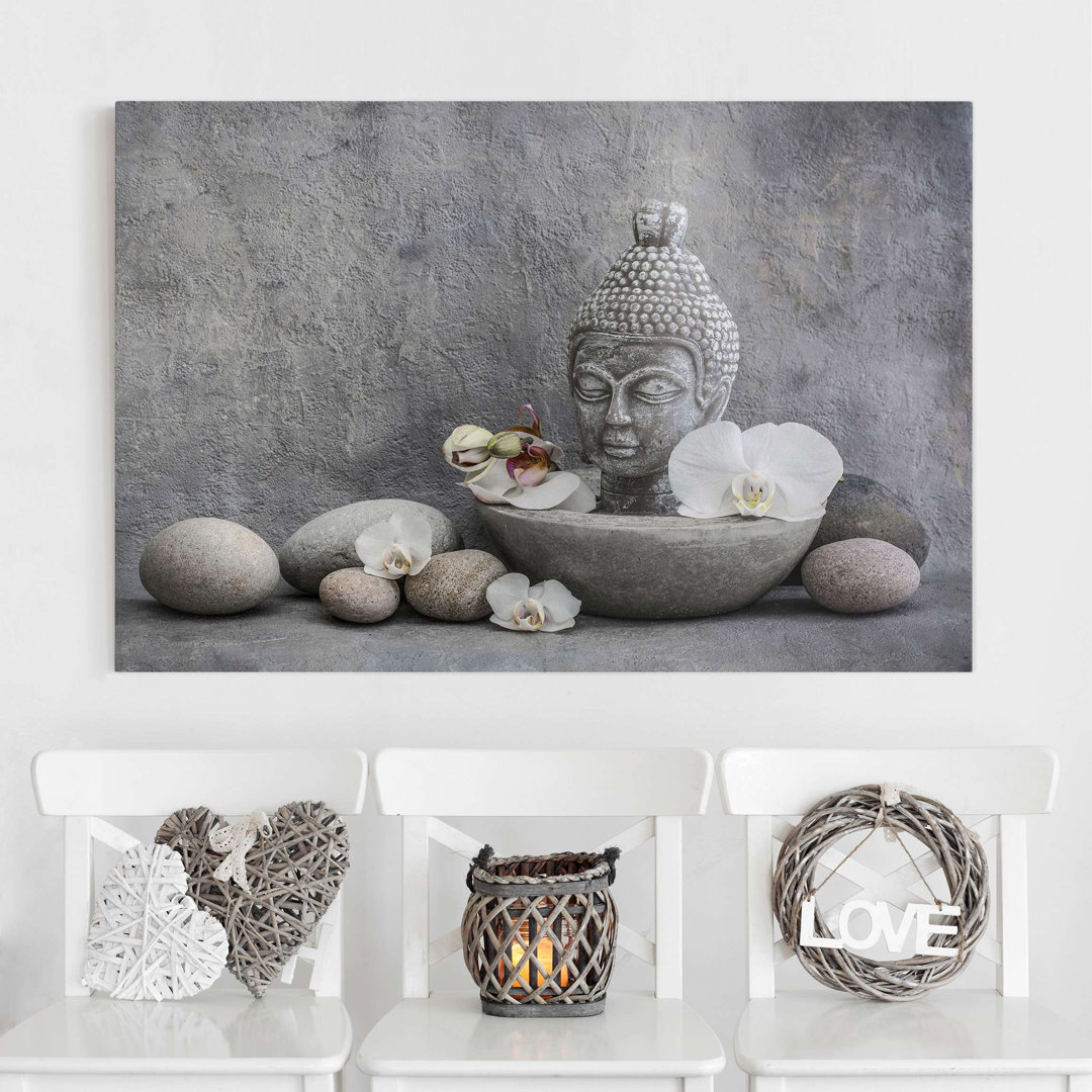 Leinwandbild Zen Buddha, Orchideen und Steine von Andrea Haase