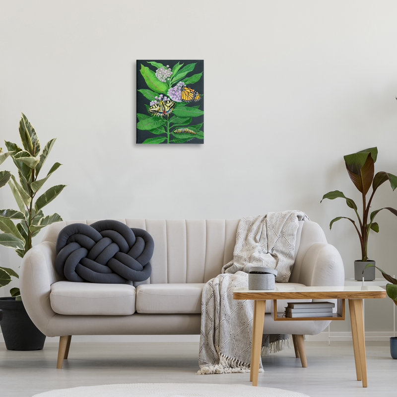 Art mural rétro sur toile d'asclépiade et d'insectes par Ann Jasperson, H 20 po x l 16 po