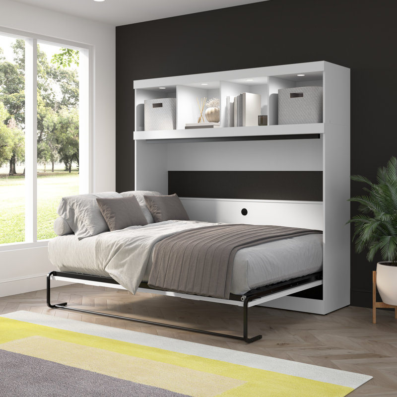 Lit escamotable horizontal 80W avec rangement supérieur en blanc 80W, Lit double, Blanc