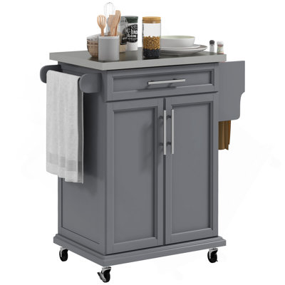 Kitchen Island On Wheels, Rolling Kitchen Cart With Stainless Steel Countertop, Drawer, Towel Rack And Spice Rack, Utility Storage Trolley