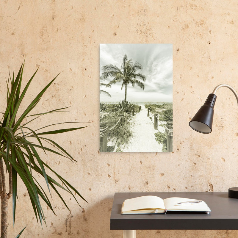 Affiche murale rétro vintage abstraite représentant un chemin de plage tropical et un palmier côtier, 24" H x 16" W