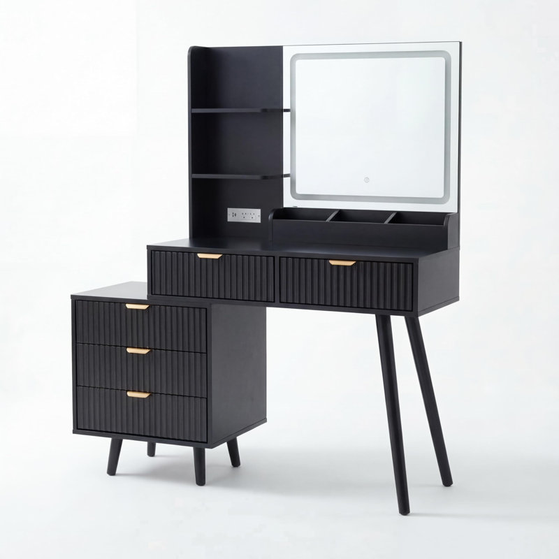 Vanity Desk with Lighted Mirror and Power Outlet, Makeup Vanity Table with 5 Drawers and Wave Panel Design, 3 Color Lighting Dressing Table with Storage Shelves for Bedroom