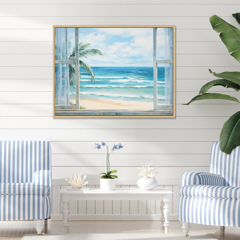 «Tranquility Beachside Windows Horizon III - Coastal Windows», art mural, Cadre de coin blanc fermé