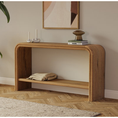 Clara 55" Solid Wood Console Table Mid-Century Modern Weathered Oak with C-Shaped Base Rounded Edges and Lower Storage Shelf