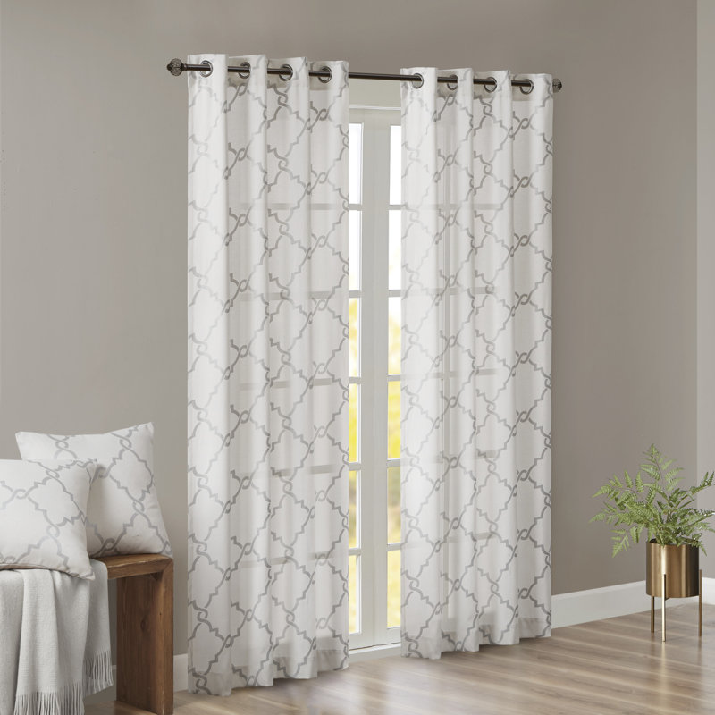 Fretwork Print Grommet Top Single Window Curtain Panel, 50" W x 84" L, Ivory/Grey