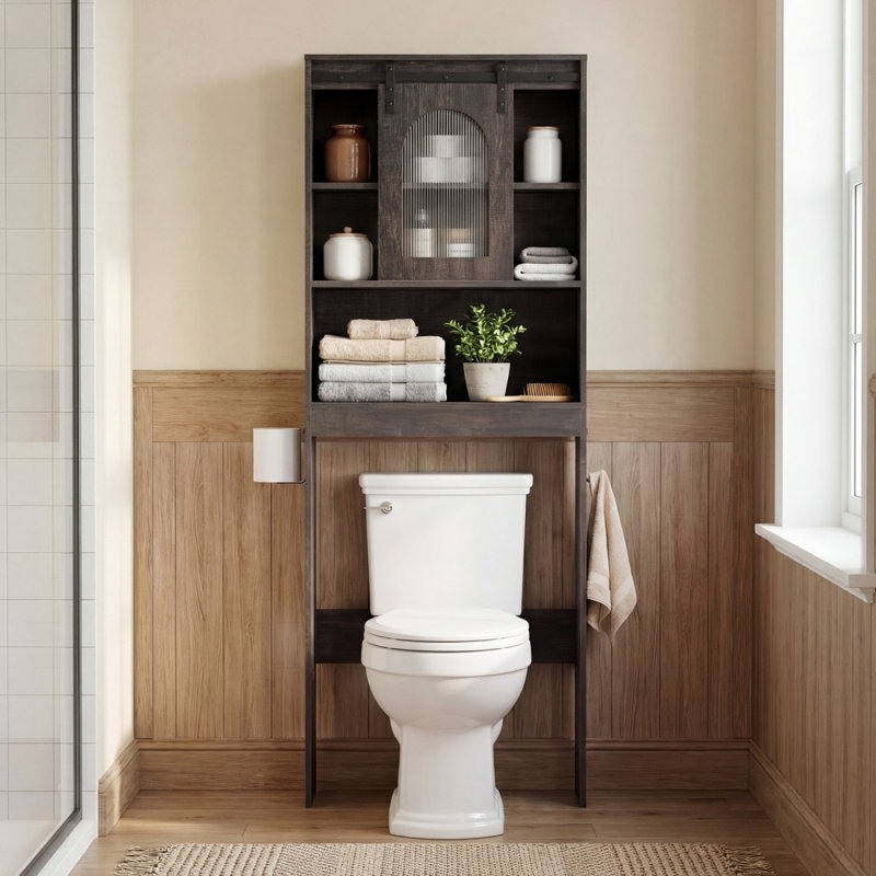 Armoire de rangement suspendue au-dessus des toilettes avec porte coulissante de style grange et étagères ouvertes, Brown
