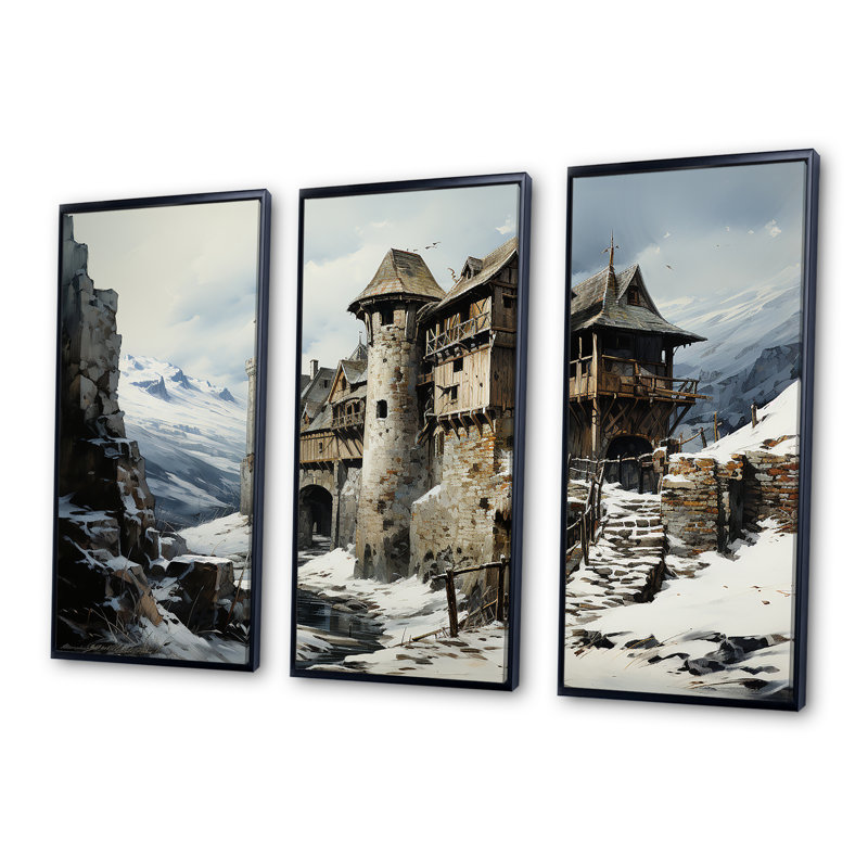 Château médiéval en hiver, charme I - châteaux, art mural, H 40 po x l 61 po, Cadre flottant noir