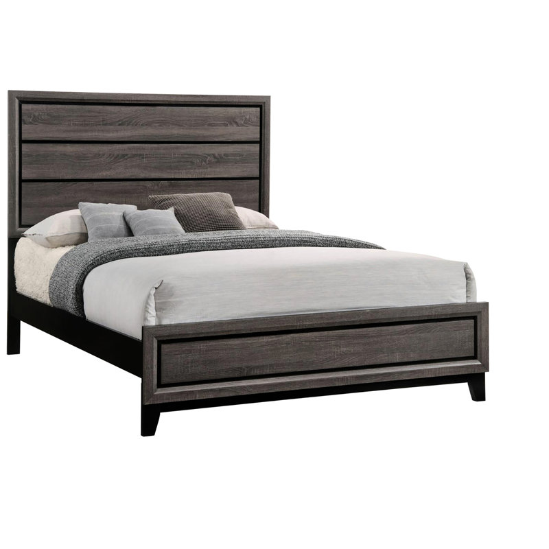 Grand lit à panneau gris en chêne gris, avec une construction robuste et une couleur subtile avec un design pour une chambre à coucher