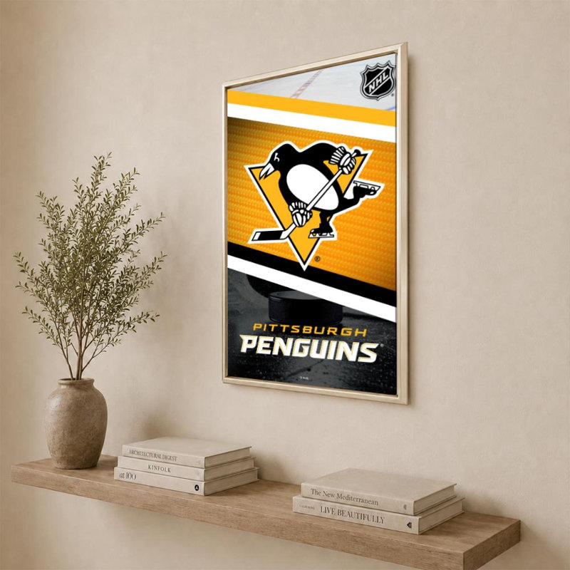 Décoration murale des Penguins de Pittsburgh (NHL), H 36 po x l 24 po, Cadre flottant biseauté, Champagne