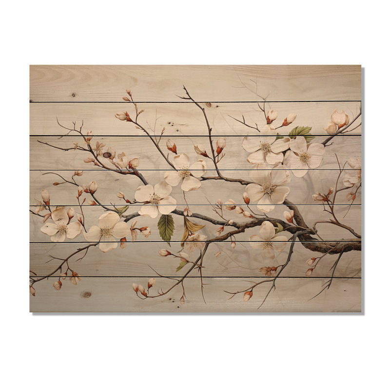 White Dogwood Blossom Scenery - Dogwood Wood Wall Art On Natural Pine Wood, 10" H x 20" W