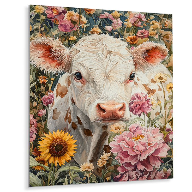 Peinture de vache avec pivoines VII - reproduction de vache sur métal, 32" H x 24" W