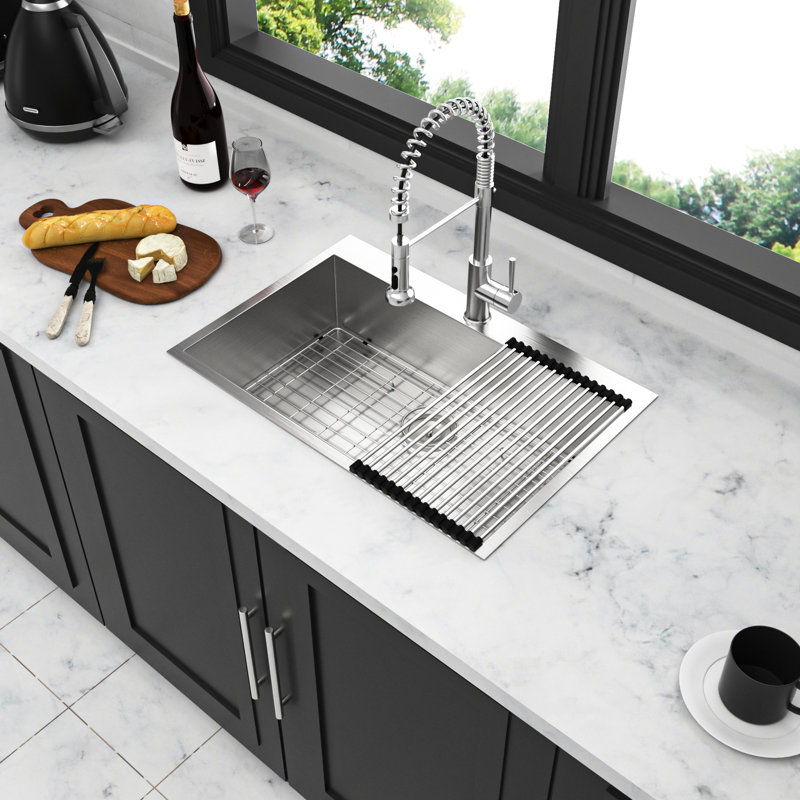 18 Gauge Stainless Steel 33" Topmount Single Bowl Kitchen Sink Drop In, T-304 Build, 22-Inch Width, 9-Inch High, X-Shaped Water Diversion Design, Full Coating To Cabinet From , Comes With Drying Rack