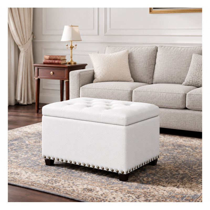 Repose-pieds de rangement en tissu 24 po avec repose-pieds rectangulaire pour le salon, Blanc