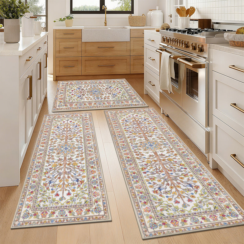 Tapis de cuisine antidérapant lavable à la machine, Beige, rouge, jaune