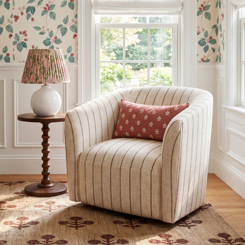 Marita Upholstered Swivel Barrel Chair, Vine Stripe Dusty Blue