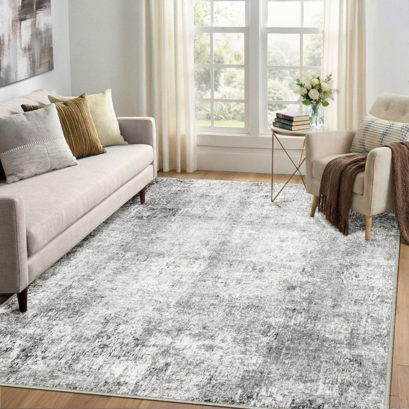 Modern Abstract Printed Area Rug Non-Slip Machine Washable Low Pile for Living Room Bedroom, Gray/White, Rectangle 5' x 7'